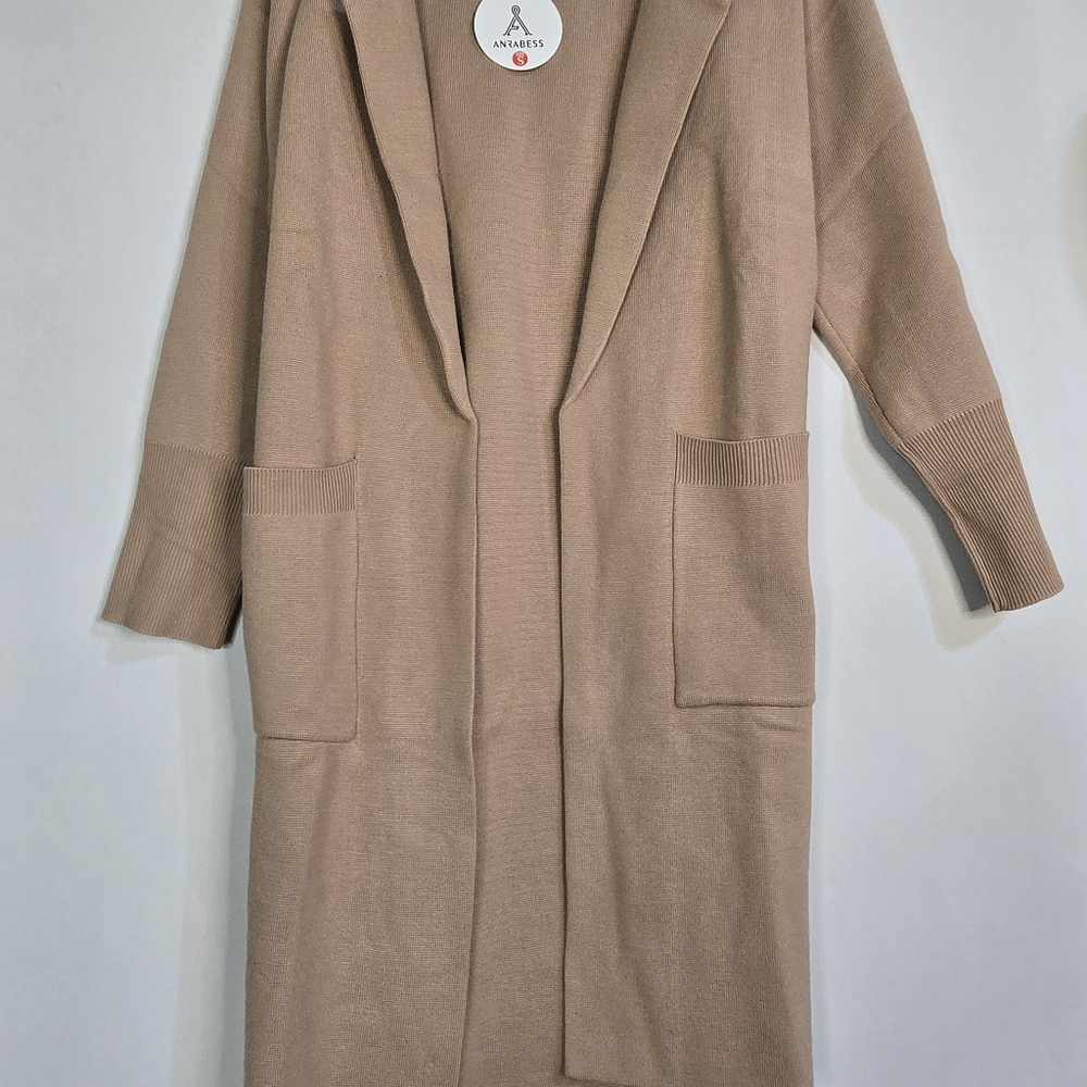 ANRABESS Women Size S, Camel Color Long Open Front Cardigan With Front Lapel NWT - Picture 3 of 11